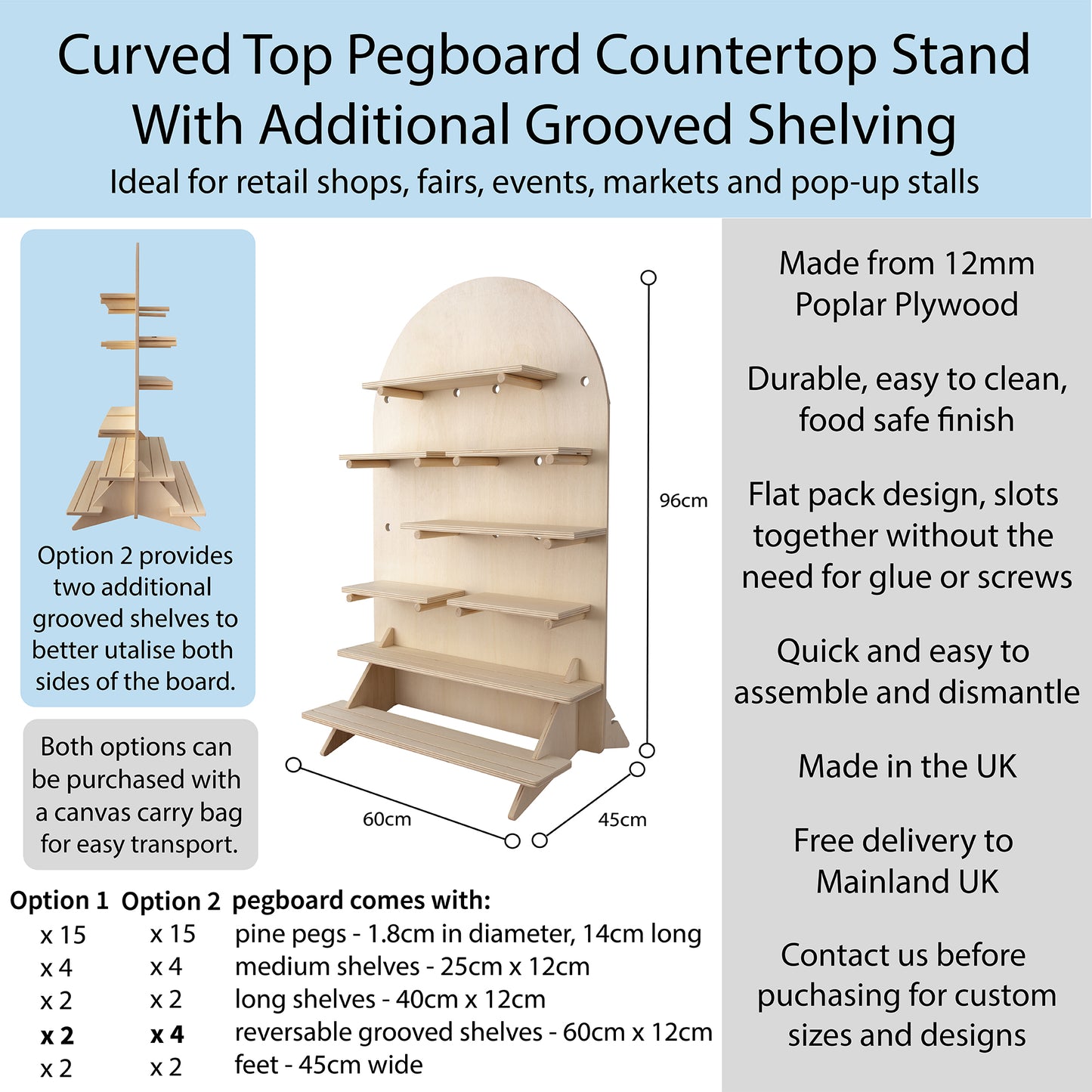 Curved Table Top Pegboard Display Stand with Tiered Shelving