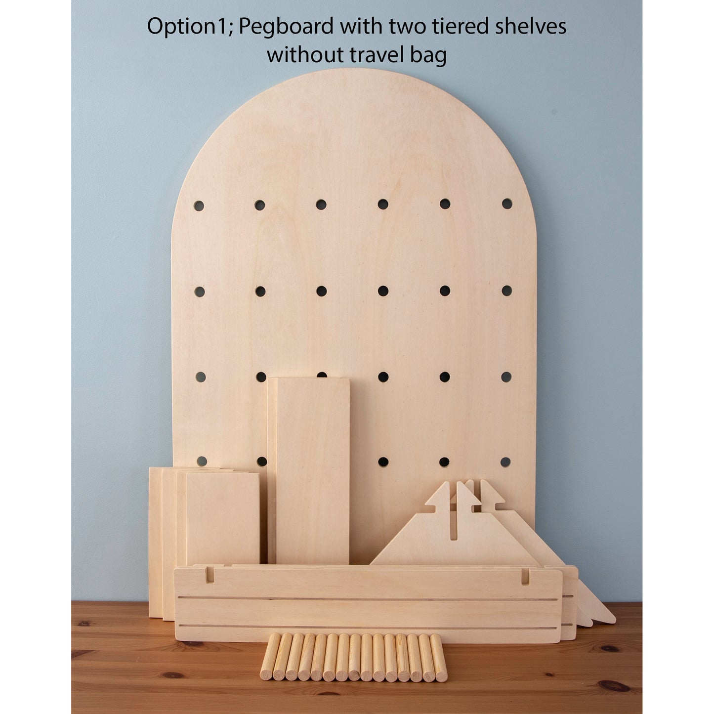 Curved Table Top Pegboard Display Stand with Tiered Shelving