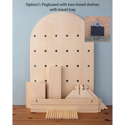 Curved Table Top Pegboard Display Stand with Tiered Shelving