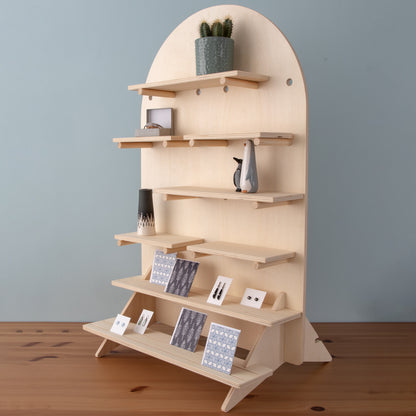 Curved Table Top Pegboard Display Stand with Tiered Shelving